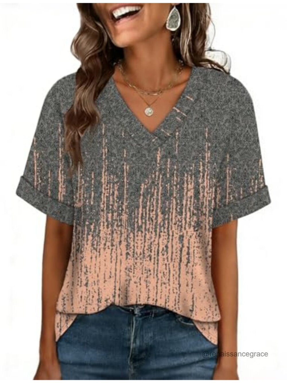 Women Cotton V Neck Rolled Sleeve T-Shirt